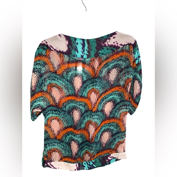 MNG Suit Colorful Orange & Teal Green Patterned Women's Blouse Top Size Small - Picture 2 of 5